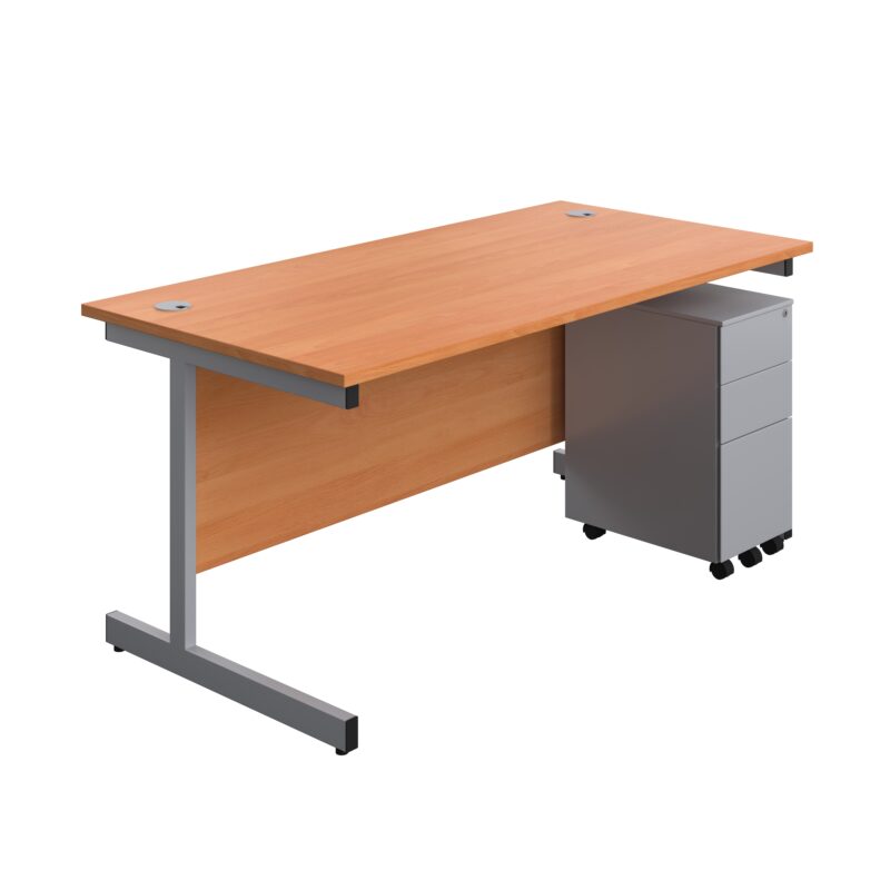 Single Upright Rectangular Desk + Slimline Steel Pedestal 3 Drawers | 1600 X 800 | Beech/Silver