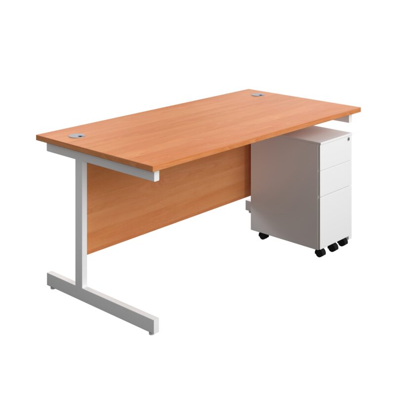 Single Upright Rectangular Desk + Slimline Steel Pedestal 3 Drawers | 1600 X 800 | Beech/White