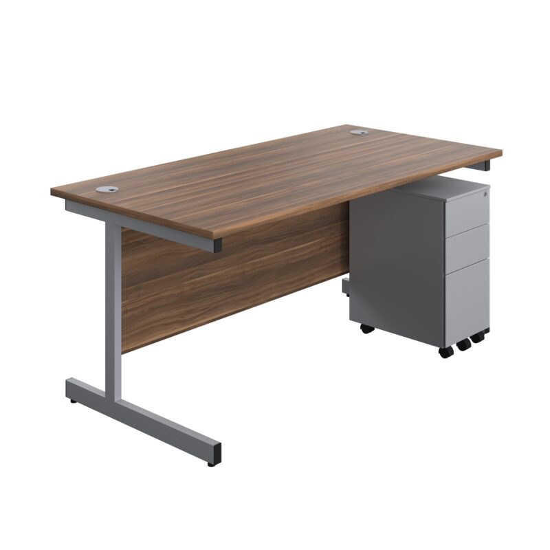 Single Upright Rectangular Desk + Slimline Steel Pedestal 3 Drawers | 1600 X 800 | Dark Walnut/Silver