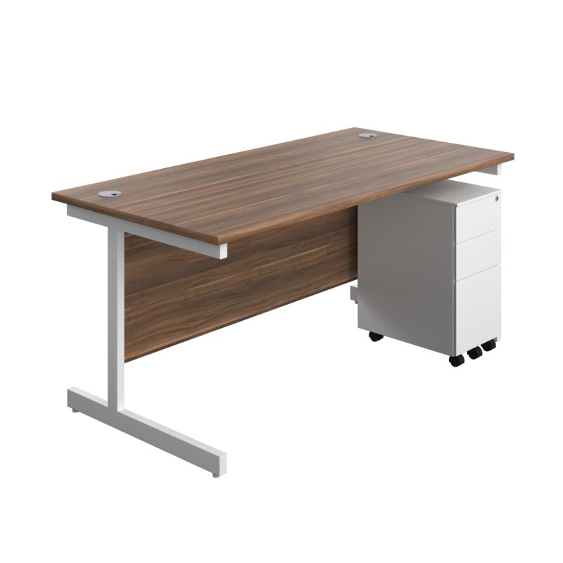 Single Upright Rectangular Desk + Slimline Steel Pedestal 3 Drawers | 1600 X 800 | Dark Walnut/White