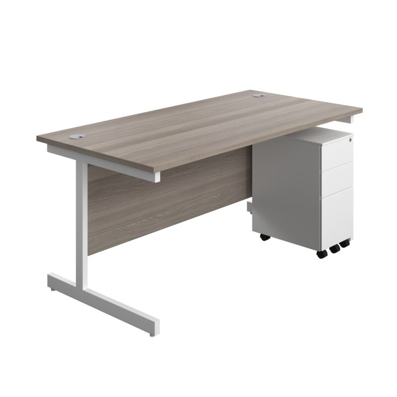 Single Upright Rectangular Desk + Slimline Steel Pedestal 3 Drawers | 1600 X 800 | Grey Oak/White