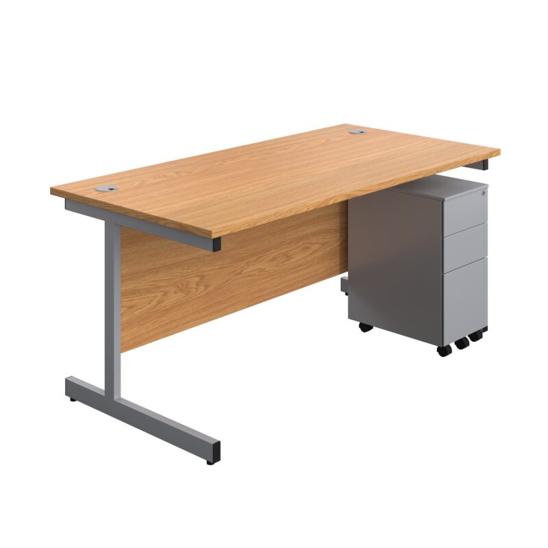 Single Upright Rectangular Desk + Slimline Steel Pedestal 3 Drawers | 1600 X 800 | Nova Oak/Silver