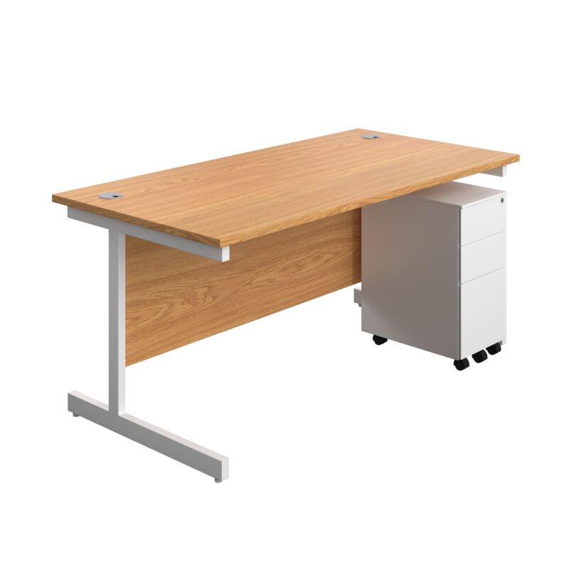 Single Upright Rectangular Desk + Slimline Steel Pedestal 3 Drawers | 1600 X 800 | Nova Oak/White