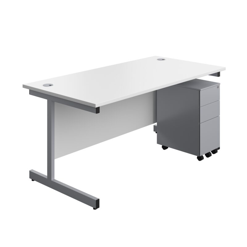 Single Upright Rectangular Desk + Slimline Steel Pedestal 3 Drawers | 1600 X 800 | White/Silver