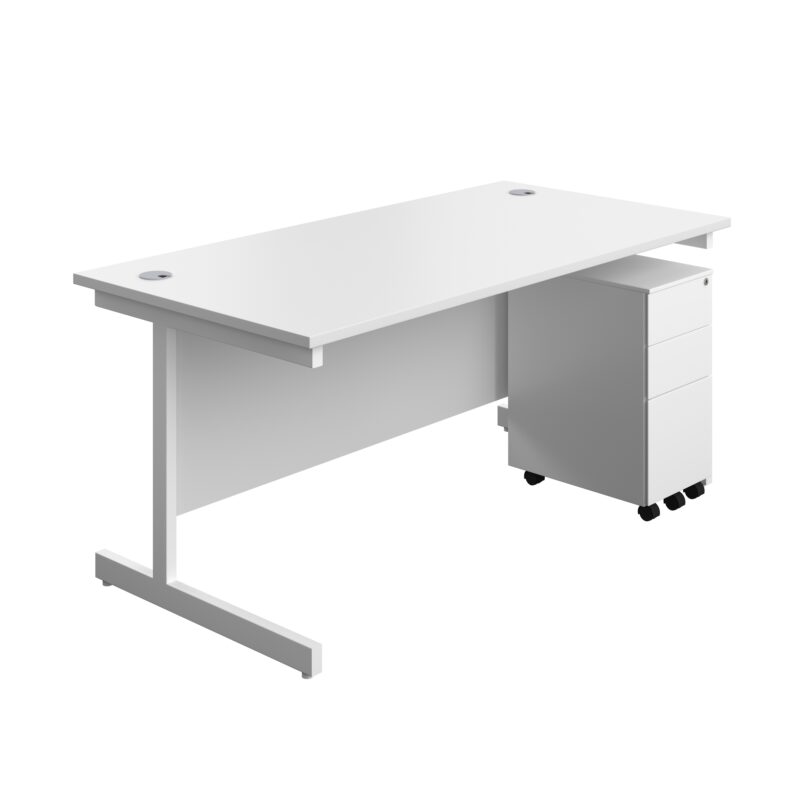 Single Upright Rectangular Desk + Slimline Steel Pedestal 3 Drawers | 1600 X 800 | White/White