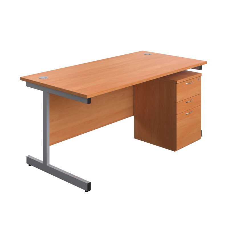 Single Upright Rectangular Desk + High Mobile Pedestal 3 Drawer | 1600 X 800 | Beech/Silver