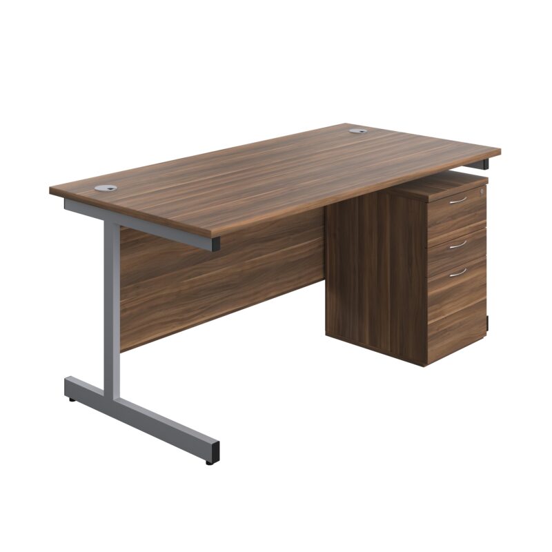 Single Upright Rectangular Desk + High Mobile Pedestal 3 Drawer | 1600 X 800 | Dark Walnut/Silver