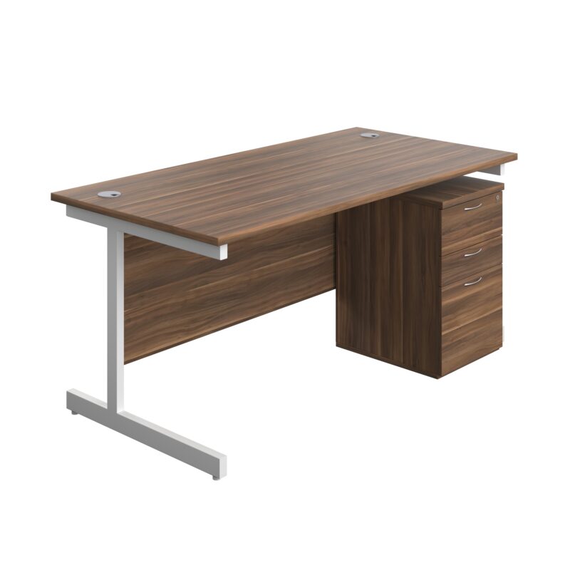 Single Upright Rectangular Desk + High Mobile Pedestal 3 Drawer | 1600 X 800 | Dark Walnut/White