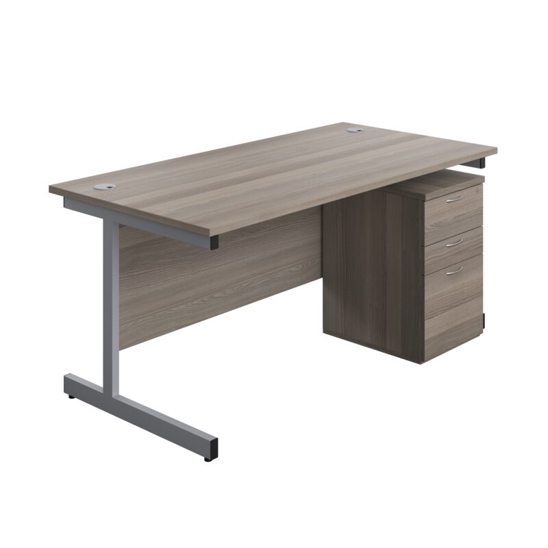 Single Upright Rectangular Desk + High Mobile Pedestal 3 Drawer | 1600 X 800 | Grey Oak/Silver