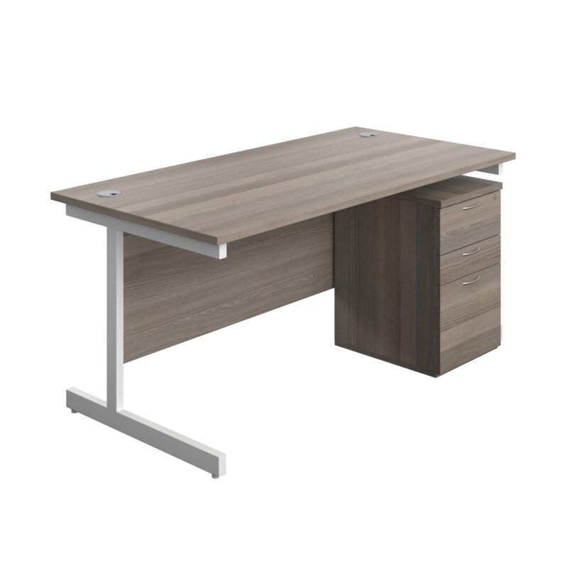 Single Upright Rectangular Desk + High Mobile Pedestal 3 Drawer | 1600 X 800 | Grey Oak/White