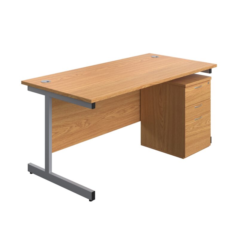 Single Upright Rectangular Desk + High Mobile Pedestal 3 Drawer | 1600 X 800 | Nova Oak/Silver