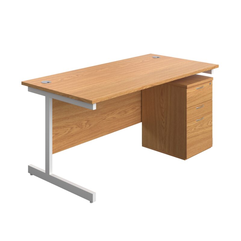 Single Upright Rectangular Desk + High Mobile Pedestal 3 Drawer | 1600 X 800 | Nova Oak/White