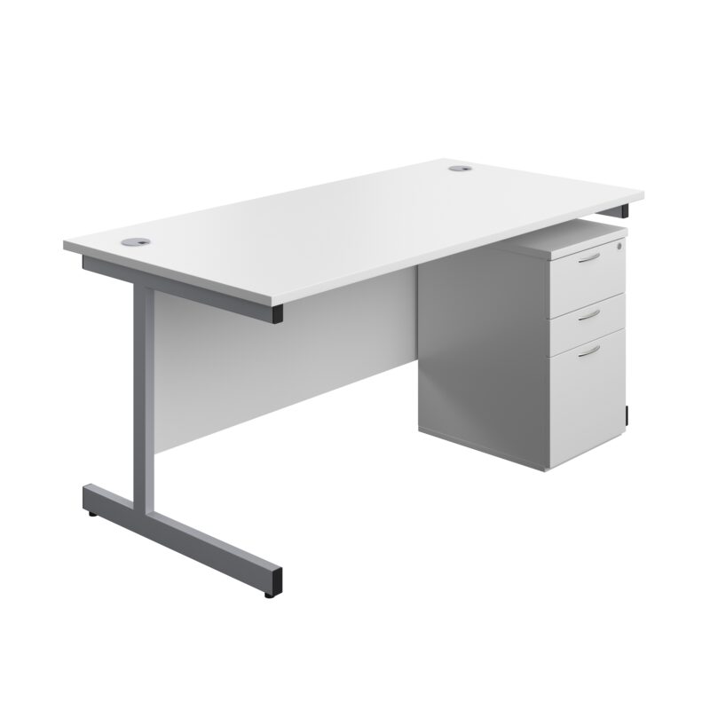 Single Upright Rectangular Desk + High Mobile Pedestal 3 Drawer | 1600 X 800 | White/Silver