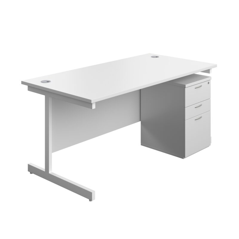 Single Upright Rectangular Desk + High Mobile Pedestal 3 Drawer | 1600 X 800 | White/White