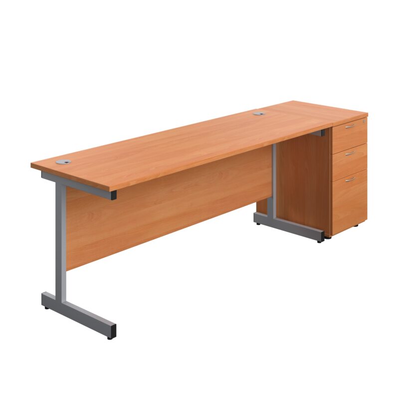 Single Upright Rectangular Desk + Desk High 3 Drawer Pedestal | 1800 X 600 | Beech/Silver