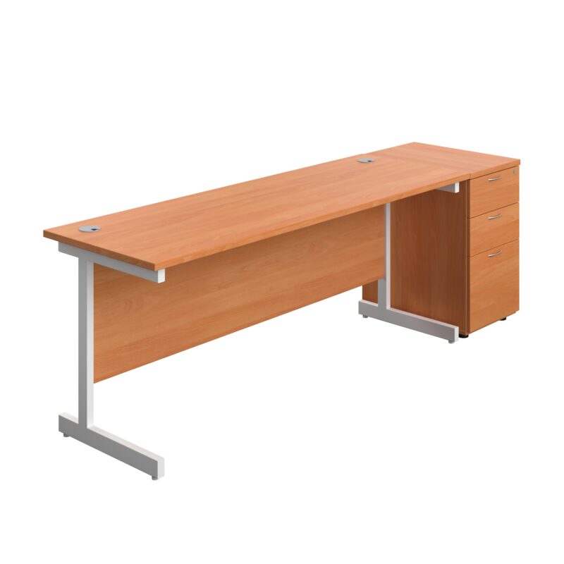 Single Upright Rectangular Desk + Desk High 3 Drawer Pedestal | 1800 X 600 | Beech/White