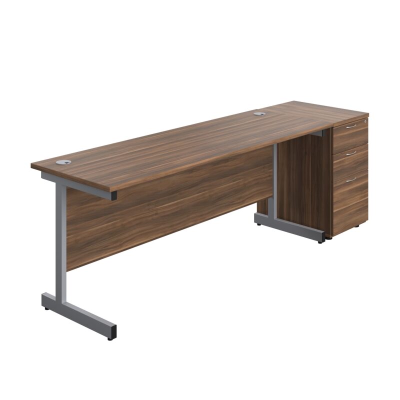 Single Upright Rectangular Desk + Desk High 3 Drawer Pedestal | 1800 X 600 | Dark Walnut/Silver