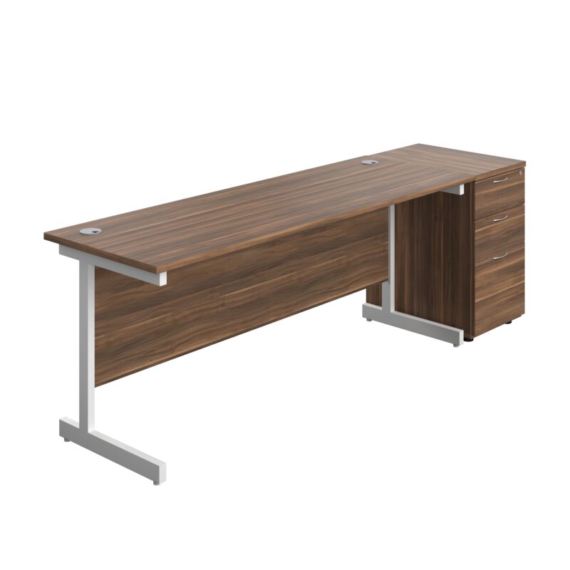 Single Upright Rectangular Desk + Desk High 3 Drawer Pedestal | 1800 X 600 | Dark Walnut/White