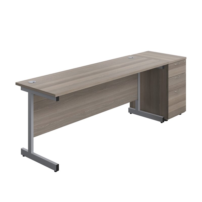 Single Upright Rectangular Desk + Desk High 3 Drawer Pedestal | 1800 X 600 | Grey Oak/Silver