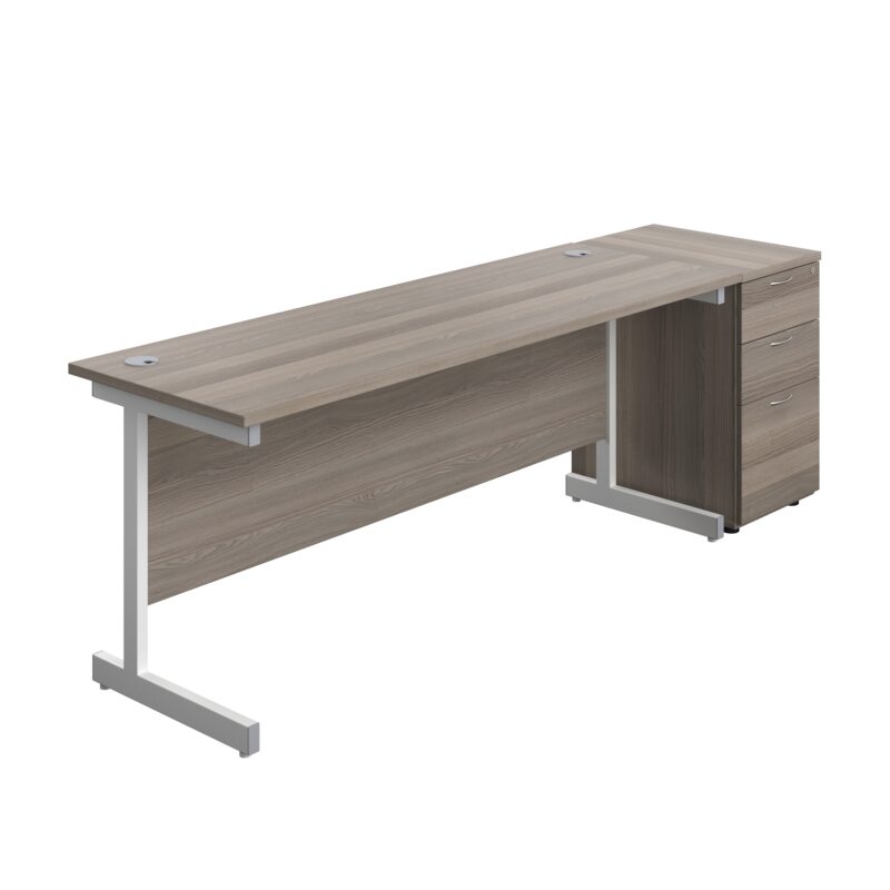 Single Upright Rectangular Desk + Desk High 3 Drawer Pedestal | 1800 X 600 | Grey Oak/White