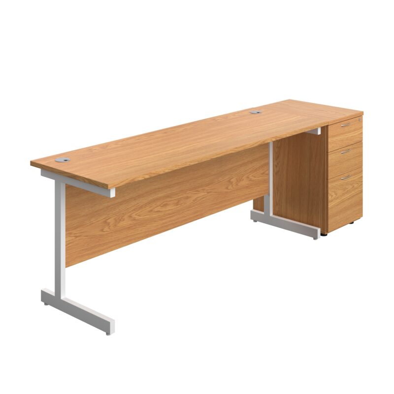 Single Upright Rectangular Desk + Desk High 3 Drawer Pedestal | 1800 X 600 | Nova Oak/White