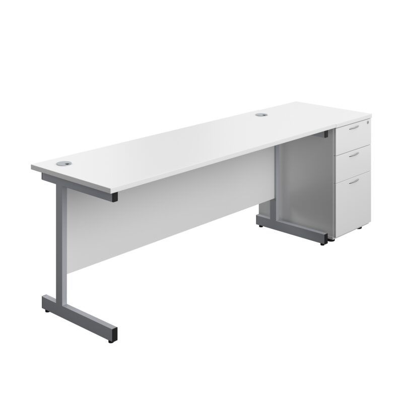 Single Upright Rectangular Desk + Desk High 3 Drawer Pedestal | 1800 X 600 | White/Silver