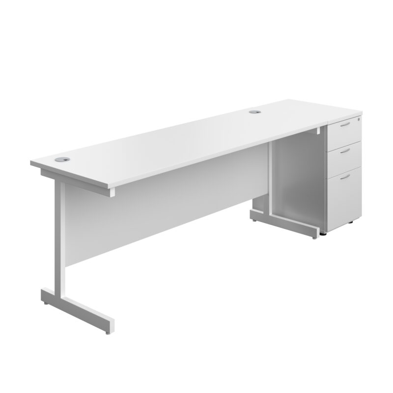 Single Upright Rectangular Desk + Desk High 3 Drawer Pedestal | 1800 X 600 | White/White