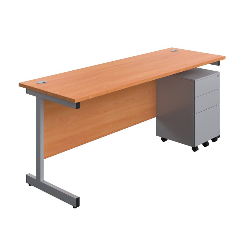 Single Upright Rectangular Desk + Under Desk Steel Pedestal 3 Drawers | 1800 X 600 | Beech/Silver