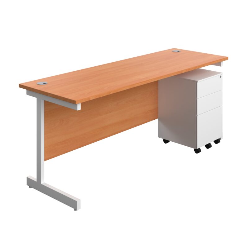 Single Upright Rectangular Desk + Under Desk Steel Pedestal 3 Drawers | 1800 X 600 | Beech/White