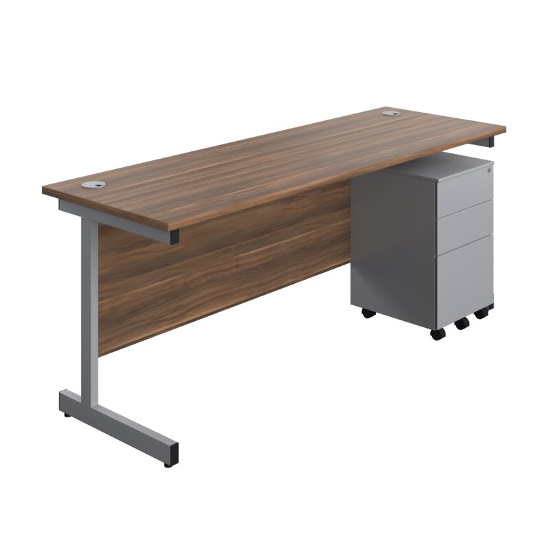 Single Upright Rectangular Desk + Under Desk Steel Pedestal 3 Drawers | 1800 X 600 | Dark Walnut/Silver