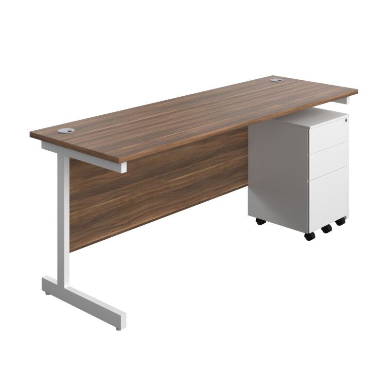 Single Upright Rectangular Desk + Under Desk Steel Pedestal 3 Drawers | 1800 X 600 | Dark Walnut/White