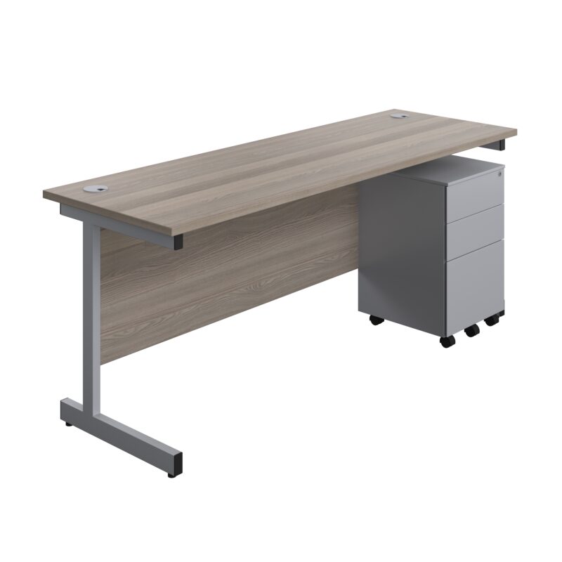 Single Upright Rectangular Desk + Under Desk Steel Pedestal 3 Drawers | 1800 X 600 | Grey Oak/Silver