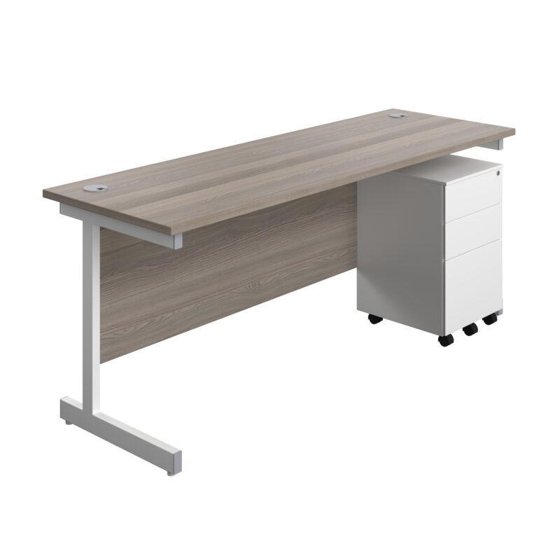 Single Upright Rectangular Desk + Under Desk Steel Pedestal 3 Drawers | 1800 X 600 | Grey Oak/White