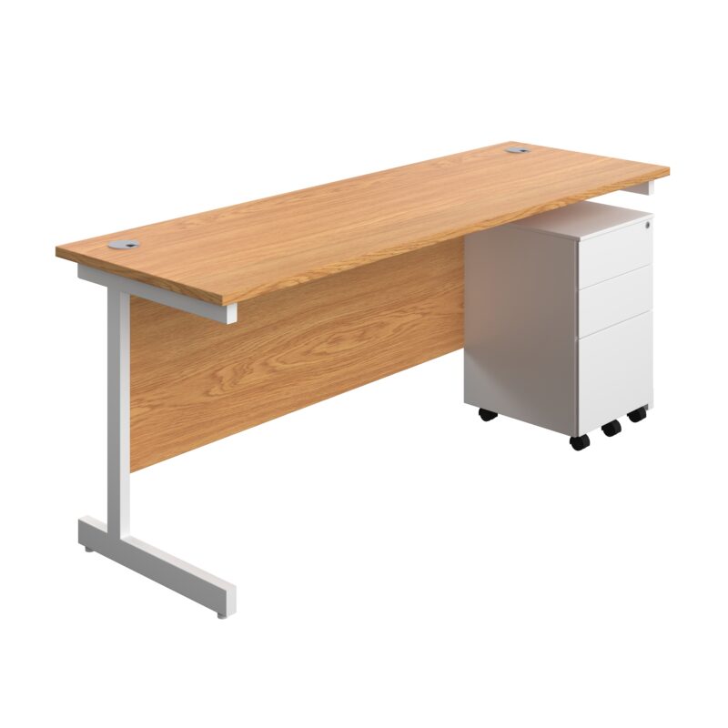 Single Upright Rectangular Desk + Under Desk Steel Pedestal 3 Drawers | 1800 X 600 | Nova Oak/White