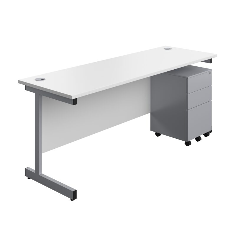 Single Upright Rectangular Desk + Under Desk Steel Pedestal 3 Drawers | 1800 X 600 | White/Silver