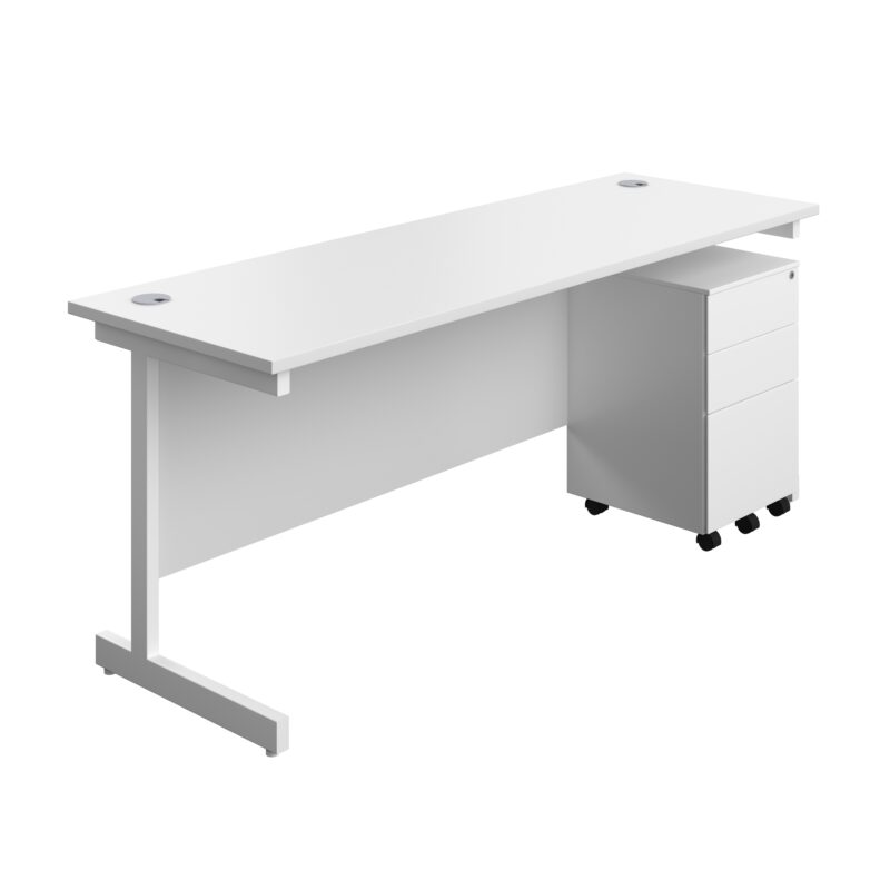 Single Upright Rectangular Desk + Under Desk Steel Pedestal 3 Drawers | 1800 X 600 | White/White