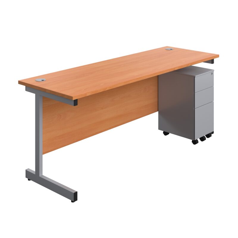 Single Upright Rectangular Desk + Slimline Steel Pedestal 3 Drawers | 1800 X 600 | Beech/Silver