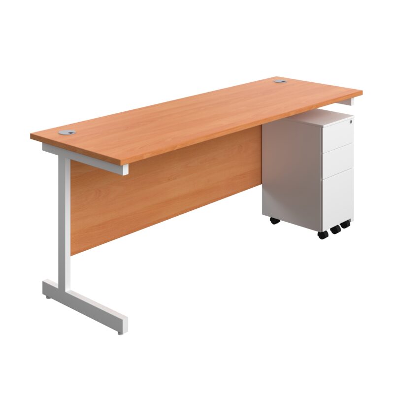 Single Upright Rectangular Desk + Slimline Steel Pedestal 3 Drawers | 1800 X 600 | Beech/White