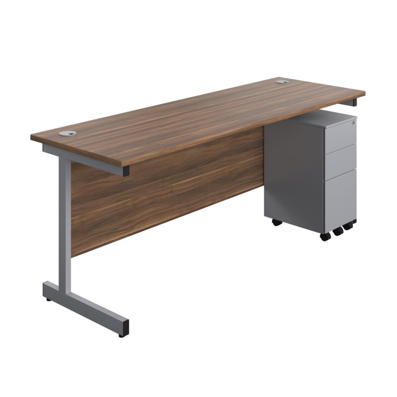 Single Upright Rectangular Desk + Slimline Steel Pedestal 3 Drawers | 1800 X 600 | Dark Walnut/Silver