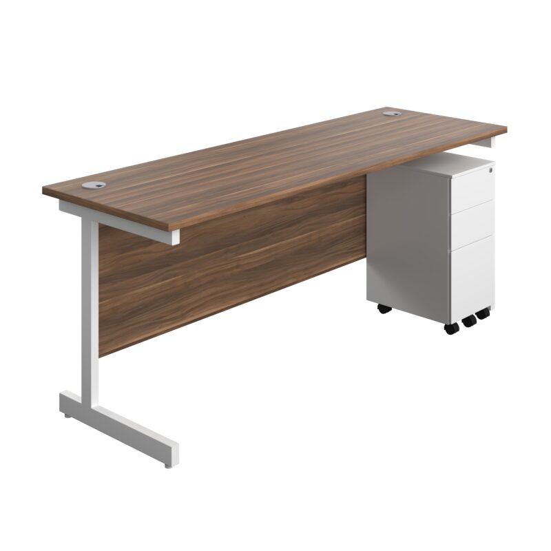 Single Upright Rectangular Desk + Slimline Steel Pedestal 3 Drawers | 1800 X 600 | Dark Walnut/White