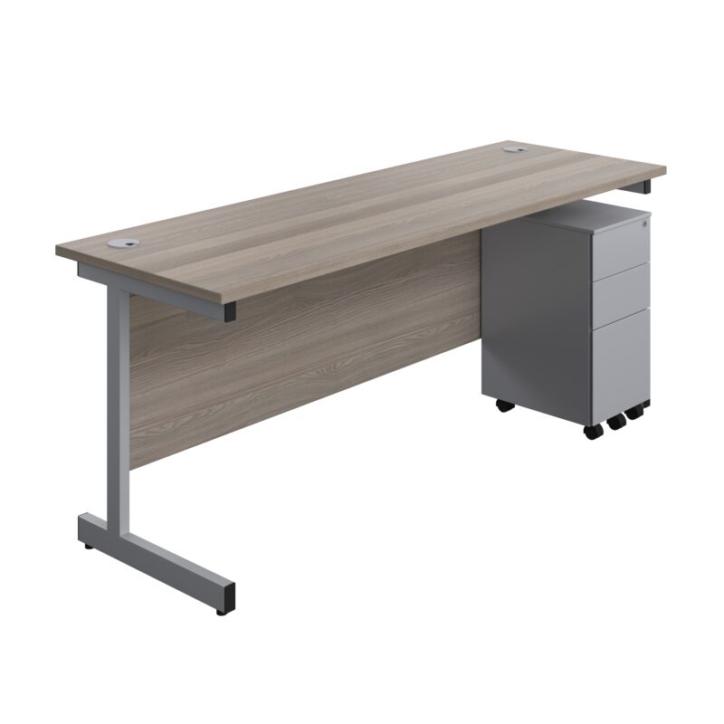 Single Upright Rectangular Desk + Slimline Steel Pedestal 3 Drawers | 1800 X 600 | Grey Oak/Silver