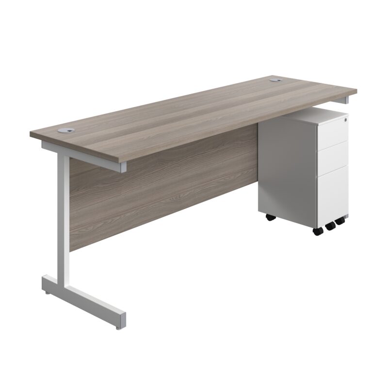 Single Upright Rectangular Desk + Slimline Steel Pedestal 3 Drawers | 1800 X 600 | Grey Oak/White