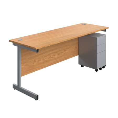 Single Upright Rectangular Desk + Slimline Steel Pedestal 3 Drawers | 1800 X 600 | Nova Oak/Silver