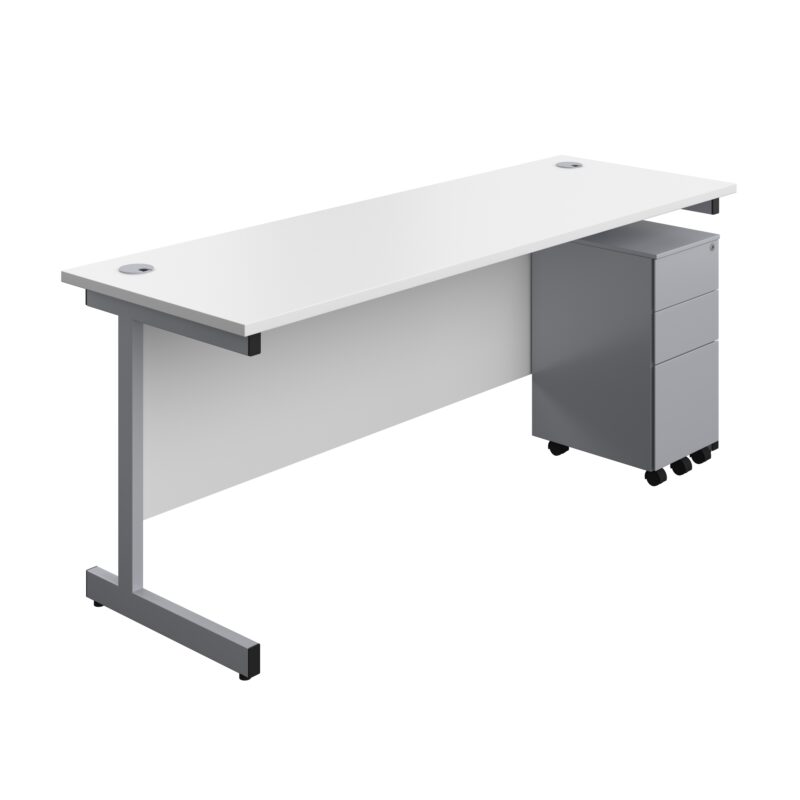 Single Upright Rectangular Desk + Slimline Steel Pedestal 3 Drawers | 1800 X 600 | White/Silver