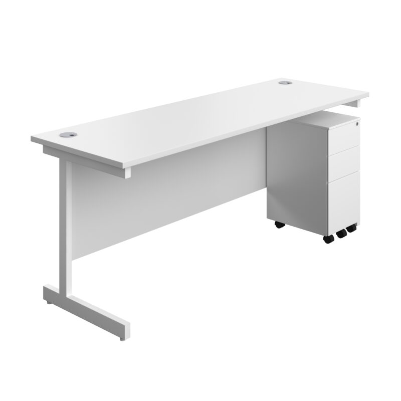 Single Upright Rectangular Desk + Slimline Steel Pedestal 3 Drawers | 1800 X 600 | White/White