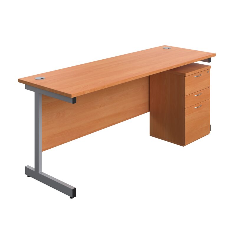 Single Upright Rectangular Desk + High Mobile Pedestal 3 Drawer | 1800 X 600 | Beech/Silver