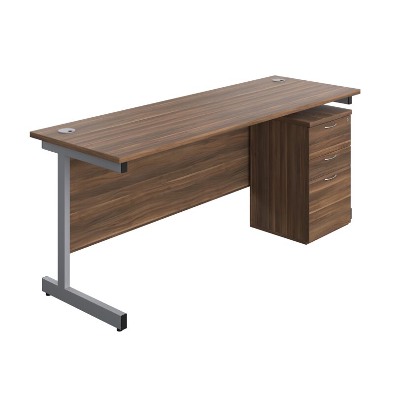 Single Upright Rectangular Desk + High Mobile Pedestal 3 Drawer | 1800 X 600 | Dark Walnut/Silver