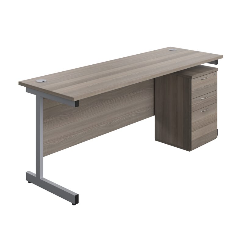 Single Upright Rectangular Desk + High Mobile Pedestal 3 Drawer | 1800 X 600 | Grey Oak/Silver