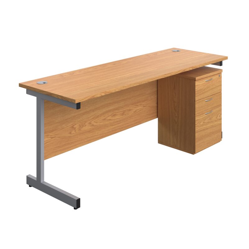 Single Upright Rectangular Desk + High Mobile Pedestal 3 Drawer | 1800 X 600 | Nova Oak/Silver