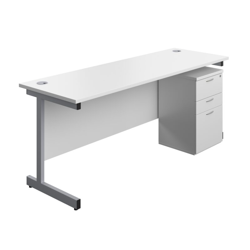 Single Upright Rectangular Desk + High Mobile Pedestal 3 Drawer | 1800 X 600 | White/Silver